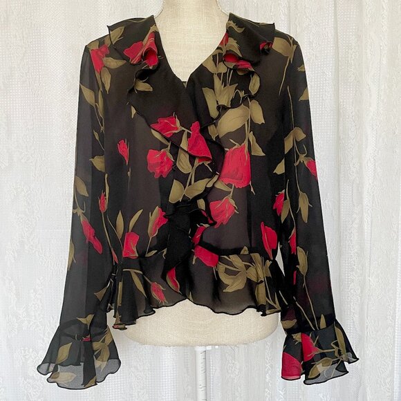 Vintage Gloria Vanderbilt Women's 90's Blouse Large Sheer Black Whimsigoth Top - Picture 1 of 5